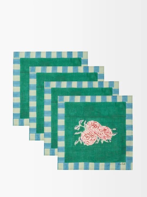 Lisa Corti - Set Of Four Leopard Stripe-print Cotton Napkins - Womens - Green Multi | Matches (US)