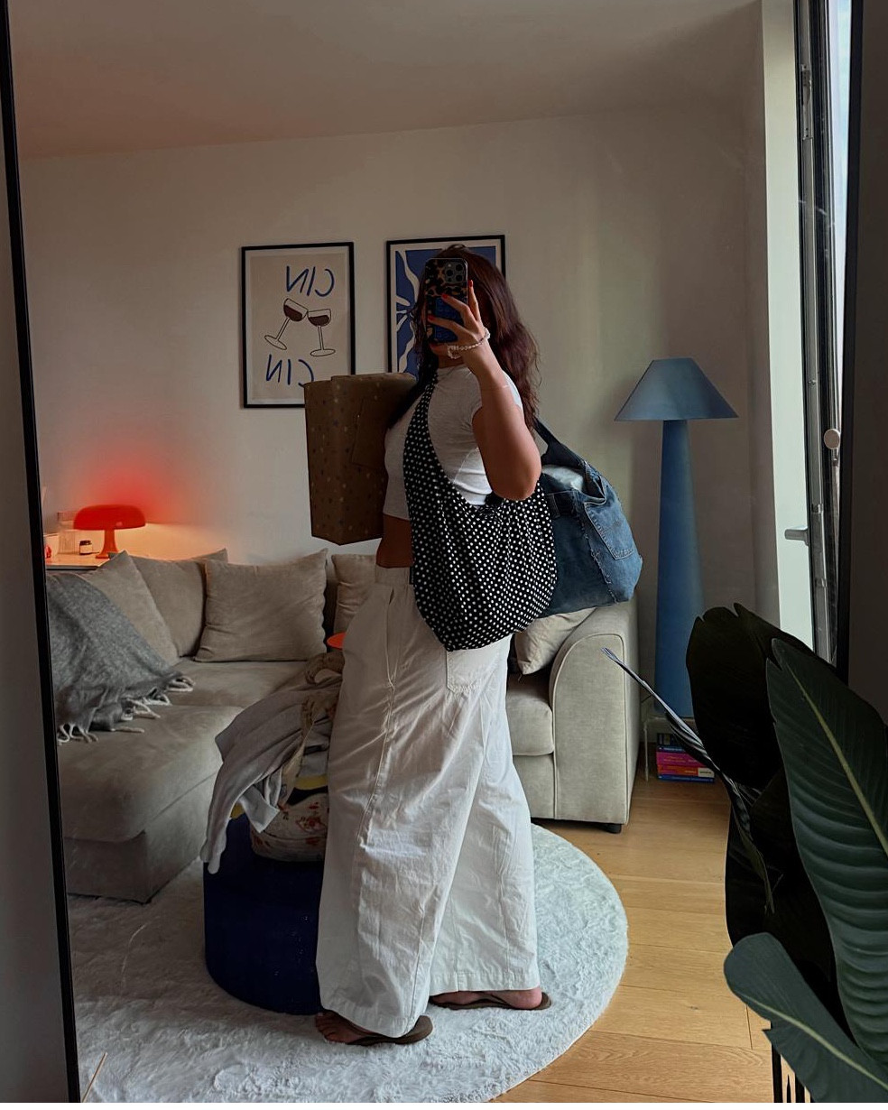 Pull & Bear grey baby tee, Urban Outfitters barrel leg trousers, Urban Outfitters polka dot tote bag, Sleepers flip flops 🖤

#LTKsummer #LTKuk #LTKeurope