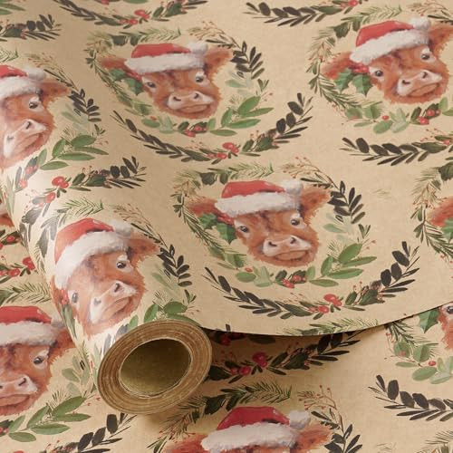RUSPEPA Kraft Christmas Wrapping Paper Roll for Boys Girls, Mini Roll, Adorable Cow with Santa Hat and Wreath Design, Kraft Gift Wrap for Holiday, Farmhouse Rustic Party, 17 Inches x 16.4 Feet | Amazon (US)