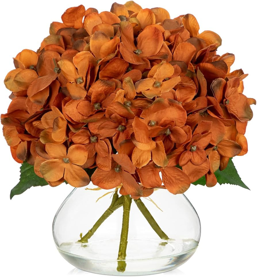 Hollyone Dark Orange Fall Hydrangea Artificial Flowers for Decoration with Glass Vase Silk Faux F... | Amazon (US)