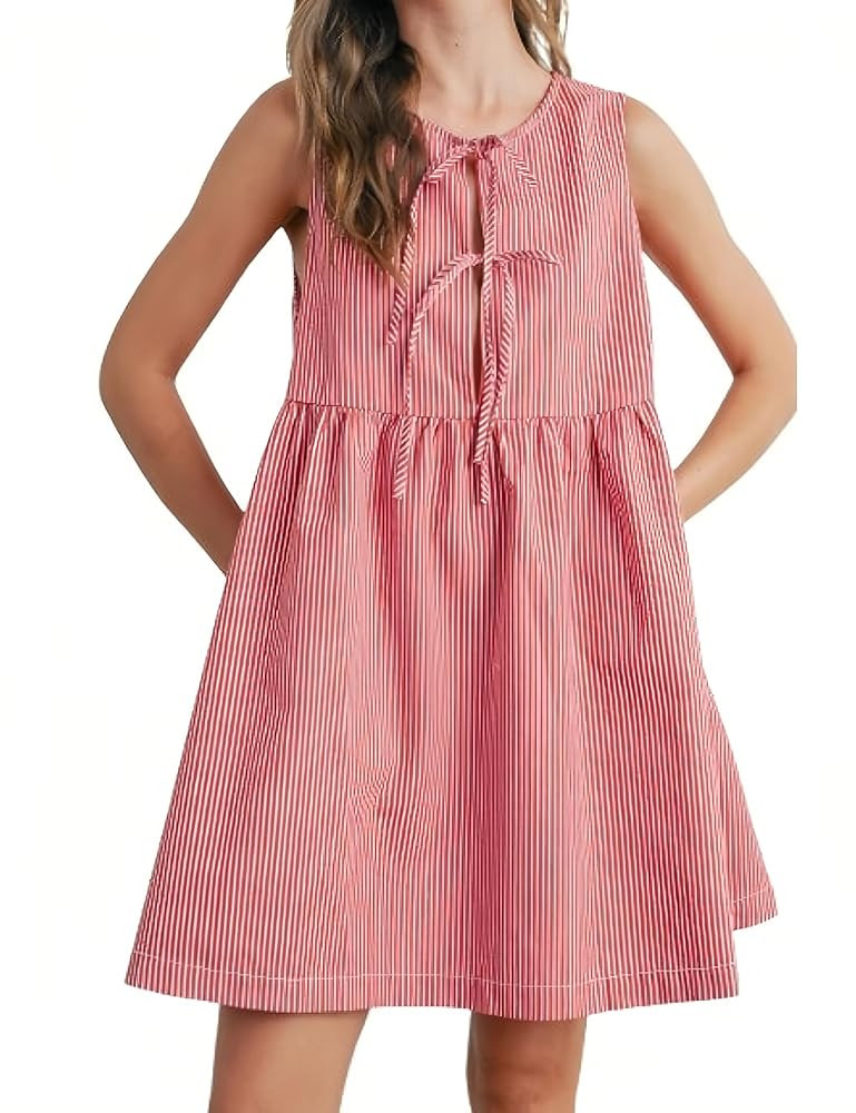 Womens Mini Red Stripe Bowknot Dress Round Neck Sleeveless A Line Casual Dresses | Amazon (US)