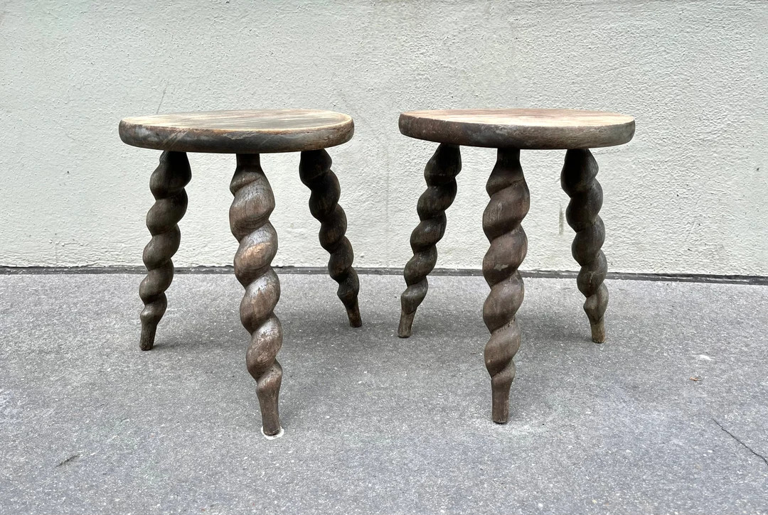 Set of 2 French Wooden Farm Stool From 50s, Vintage Turn Wood Tripod Twin Stools - Etsy | Etsy (US)