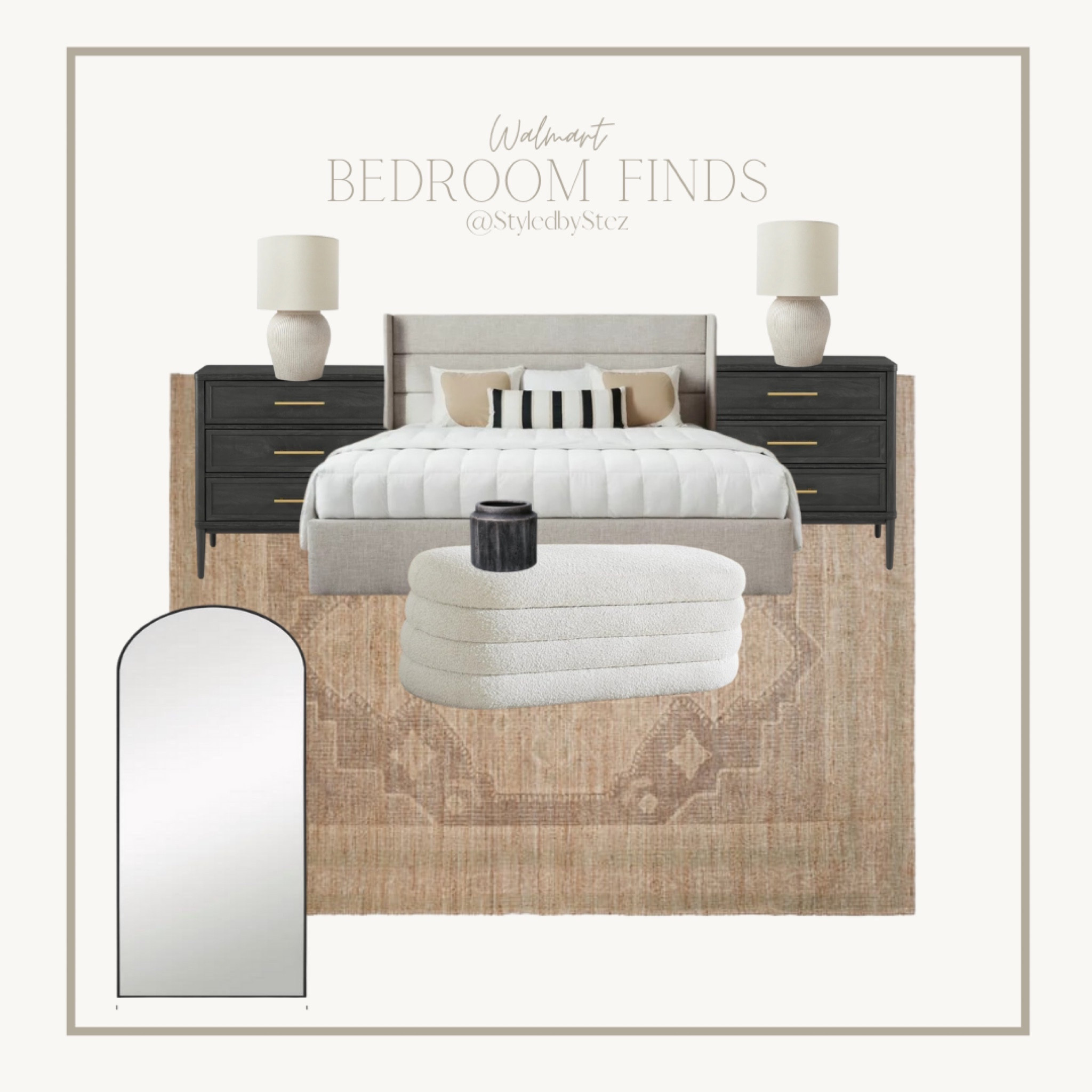 Walmart bedroom picks
Black nightstands, beige bed, neutral bed, brown rug, black arched mirror, white lamps, beige lamps 

#LTKhome