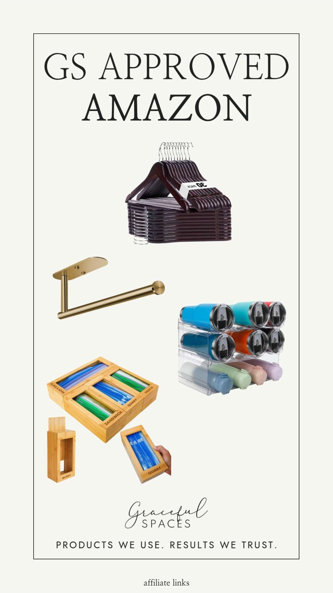 Loving these Amazon products in clients' homes!  Cherry walnut hangers, gold adhesive paper towel holder, large water bottle storage, and food bag storage products are all difference makers in the home. 

 #LTKHome