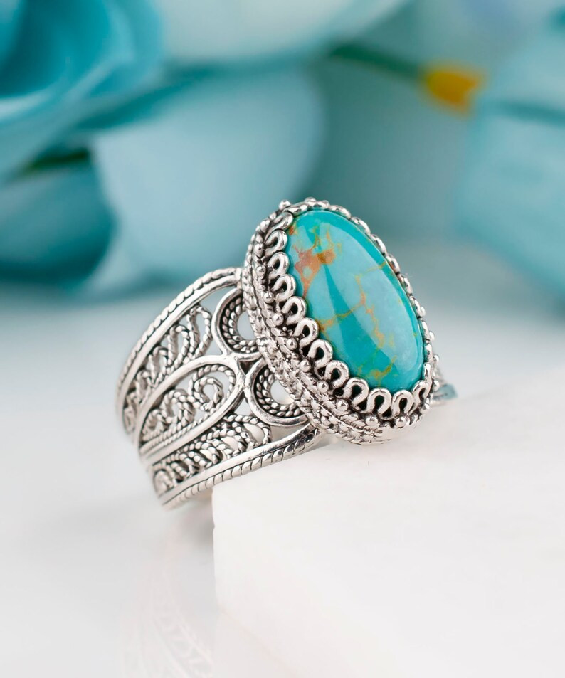 Genuine Turquoise Silver Ring,925 Sterling Silver Genuine Blue Turquoise Gemstone Artisan Crafted... | Etsy (US)