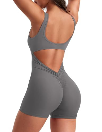 YEOREO One Piece Workout Jumpsuits for Women Backless Tummy Control Sleeveless Jumpsuits Lizvette V Back Scrunch Yoga Romper Grey XL | Amazon (US)