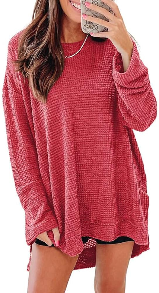 SHEWIN Womens Fall Long Sleeve Tops Crewneck Fall Shirts for Women Solid Color Waffle Knit Tunic ... | Amazon (US)