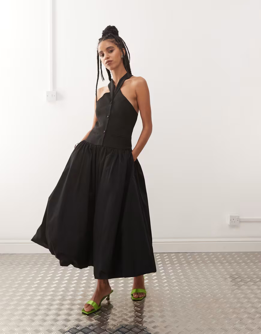 Amy Lynn Alexa tailored halter neck puffball midi dress in black | ASOS (Global)