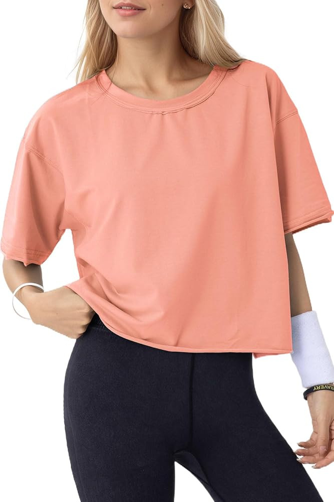 Women's Oversize Workout Crop Tops Casual Short Sleeve Drop Shoulder Boxy T-Shirts Roll Hem Basic... | Amazon (US)