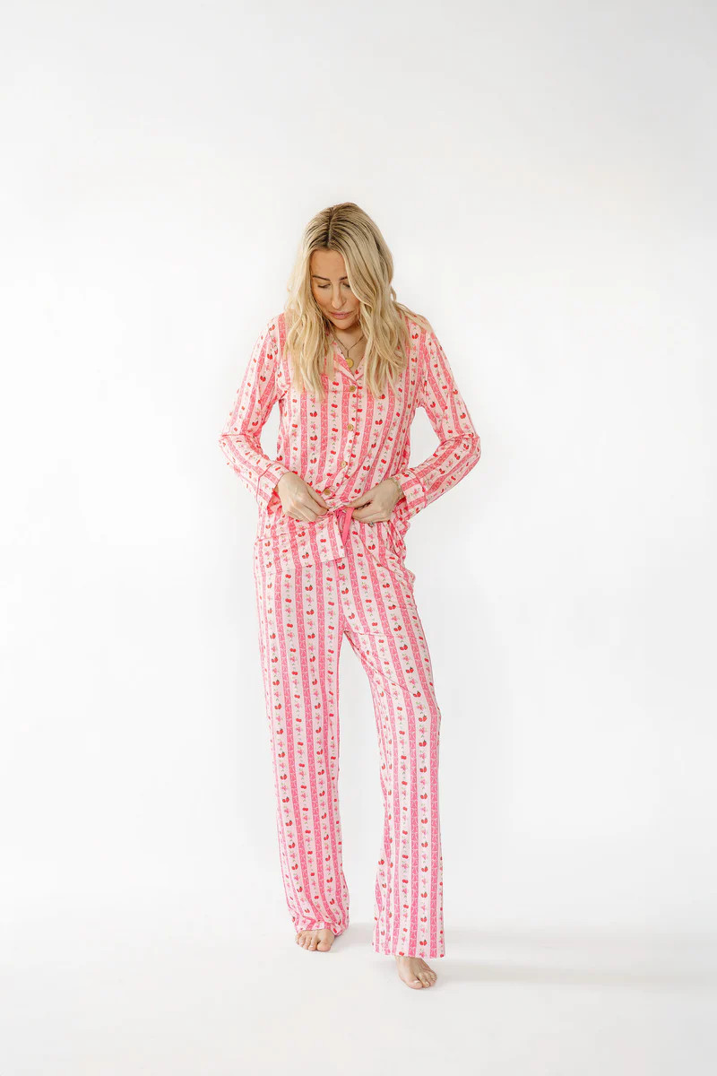 Pink Strawberry & Cherry Bows Adult Button Down Long Sleeve Pajama Top | Sunset Snuggles