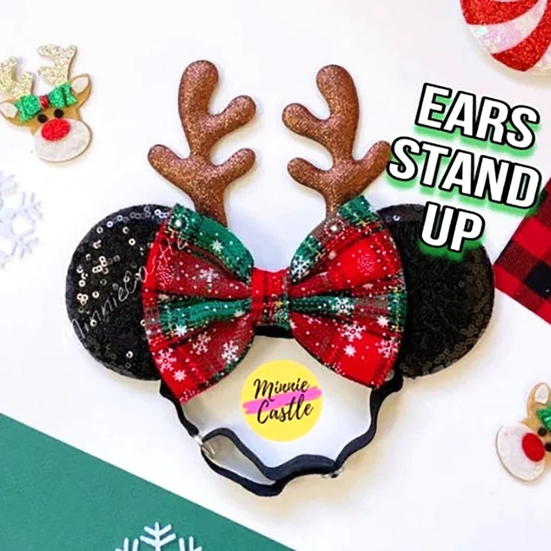 Christmas Mouse Ears Elastic Headband | Snowflakes Holiday Ears with Antlers | No headache Babies... | Etsy (Global)