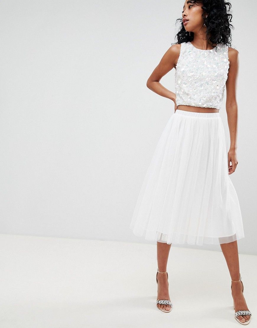 Lace & Beads tulle midi skirt in white | ASOS UK