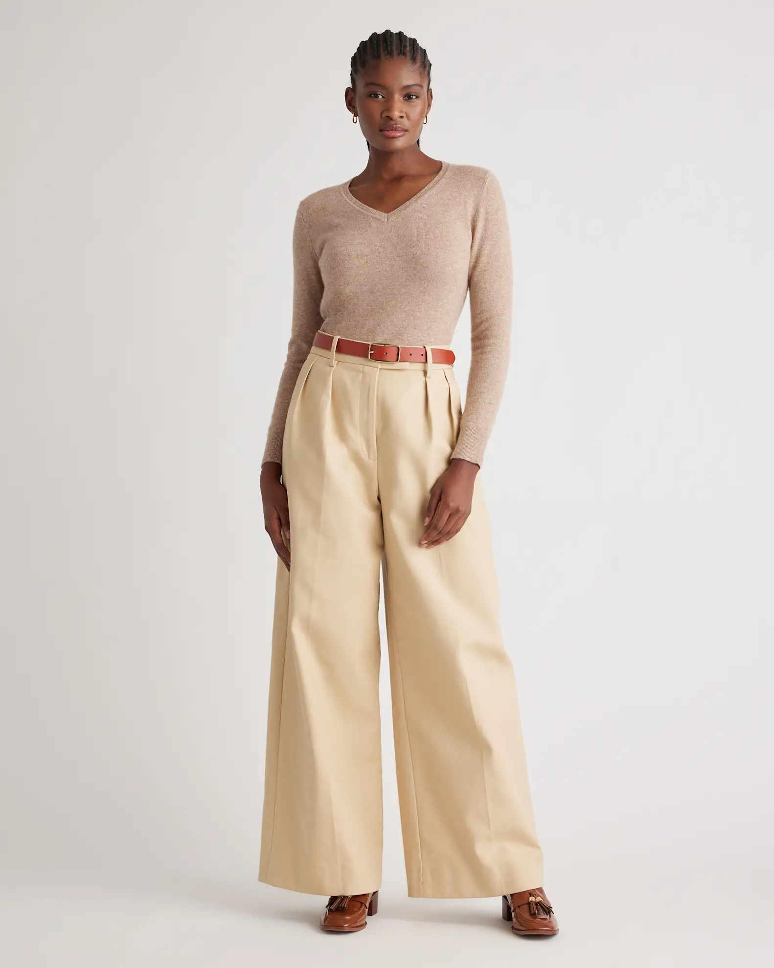 Mongolian Cashmere V-Neck Sweater in Oatmeal | Quince