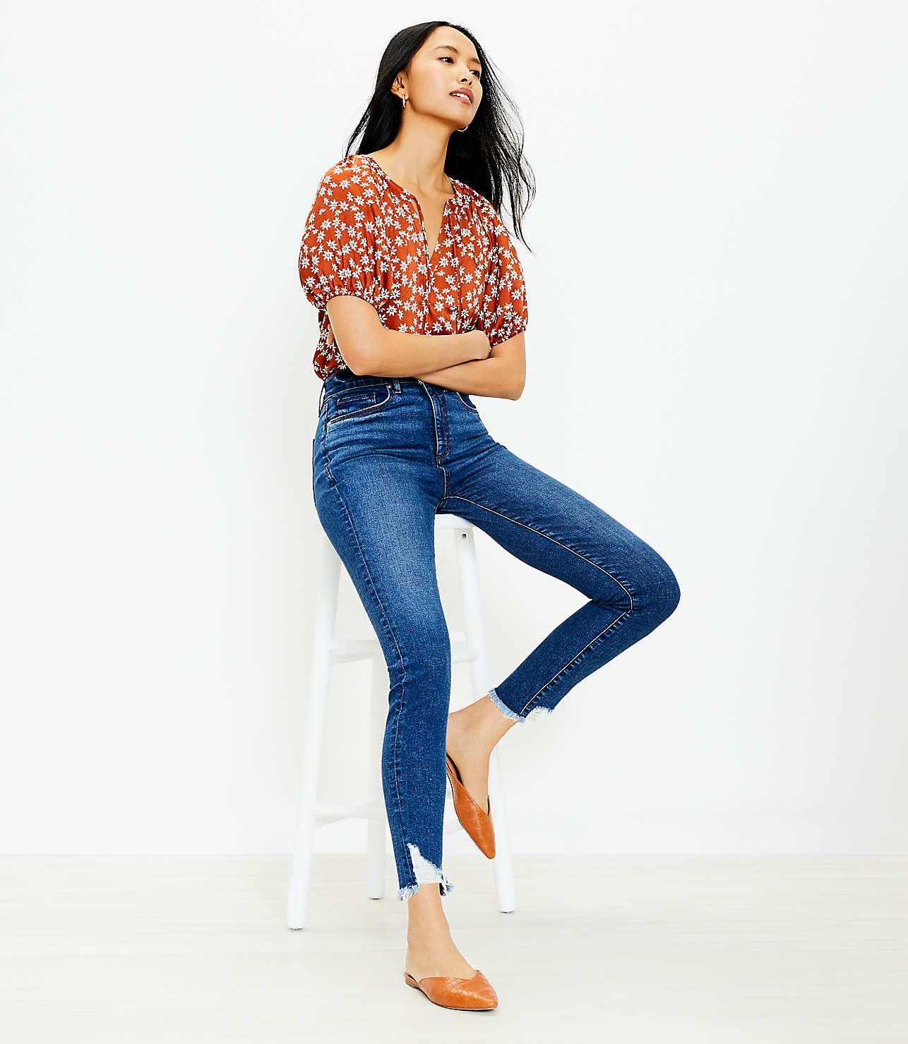 Chewed Hem High Rise Skinny Jeans in Original Mid Indigo Wash | LOFT