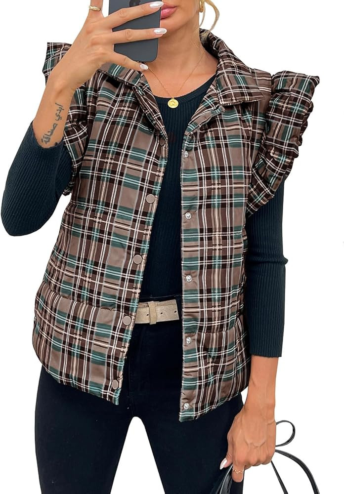 Tankaneo Womens Plaid Puffer Vests Ruffle Sleeveless Lightweight Quilted Vest Fall Winter Padded ... | Amazon (US)
