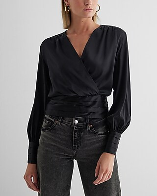Satin V-Neck Balloon Sleeve Faux Wrap Top | Express