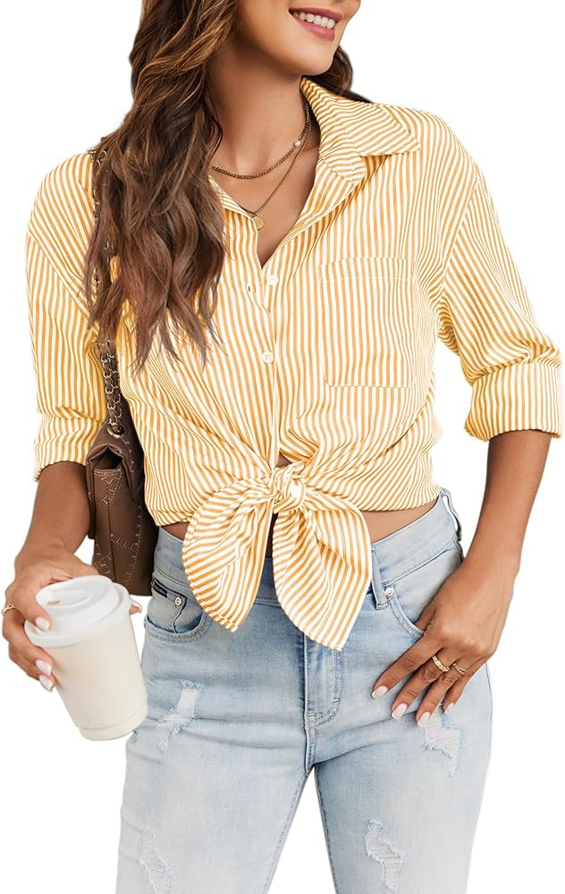 Womens Button Down Shirts Striped Collared Office Long Sleeve Work Blouses Tops Lightweight Dress... | Amazon (US)