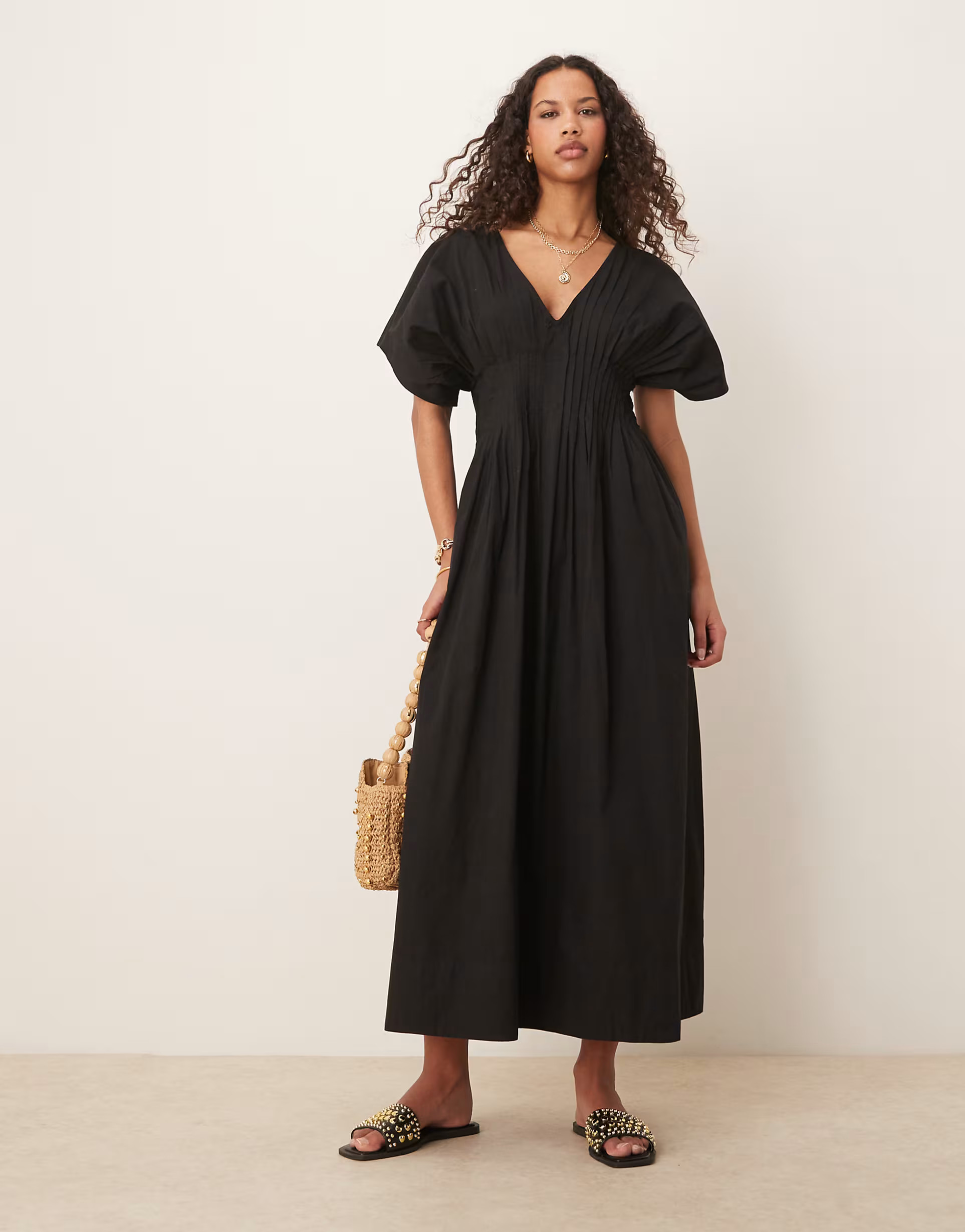 ASOS DESIGN v neck short sleeve midi dress with narrow pintucks in black | ASOS | ASOS (Global)