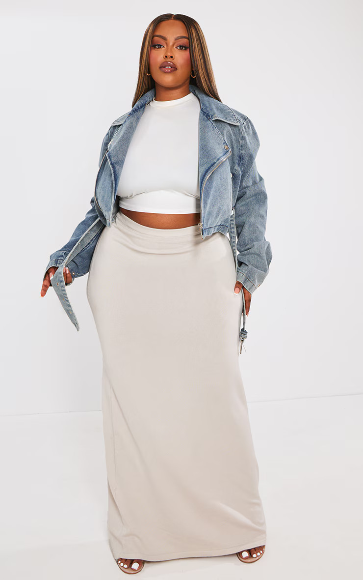 Plus Vintage Mid Wash Cropped Denim Biker Jacket | PrettyLittleThing US