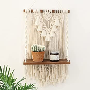 Single Tier Macrame Boho Wall Hanging Shelf, Handmade Bohemian Wooden Woven Plants Floating Shelv... | Amazon (US)