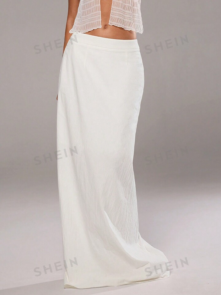 SHEIN Aloruh Women's Casual Solid Color Fashion Summer Skirt Linen Look Low-Waisted Maxi White Sk... | SHEIN