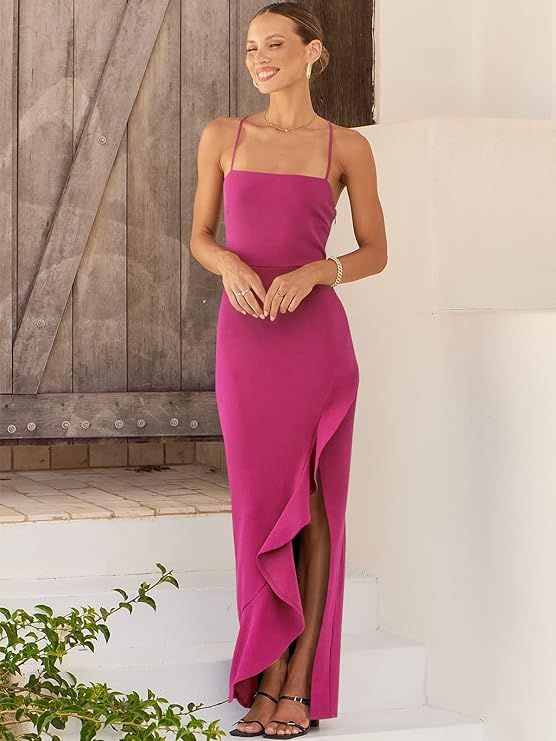 ANRABESS Women Prom Dress 2024 Summer Bodycon Formal Maxi Dresses Ruffle Side Split Cocktail Wedd... | Amazon (US)
