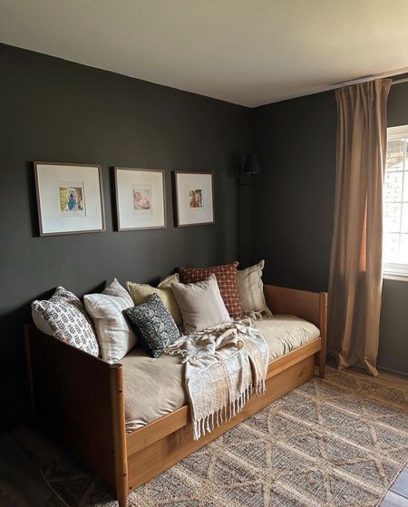 The perfect guest room/office makeover! I love the moody paint color mixed with the natural wood day bed. The rug is a fun pop as well!

#LTKhome #LTKunder50 #LTKunder100