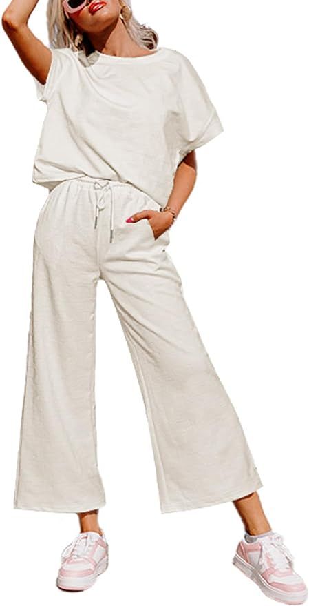 Glamaker Womens 2 Piece Outfits Lounge Sets Short Sleeve Loose Fit Top and Wide Leg Pants Set Swe... | Amazon (US)