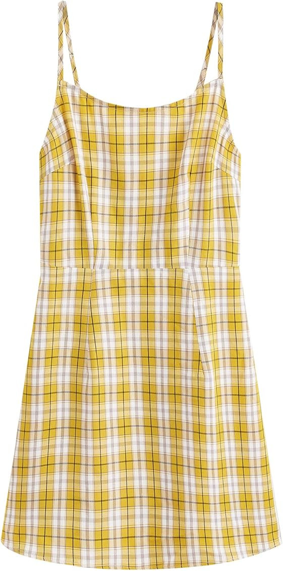 SweatyRocks Women's Spaghetti Strap Lace Up Back Casual Short Mini Gingham Dress | Amazon (US)