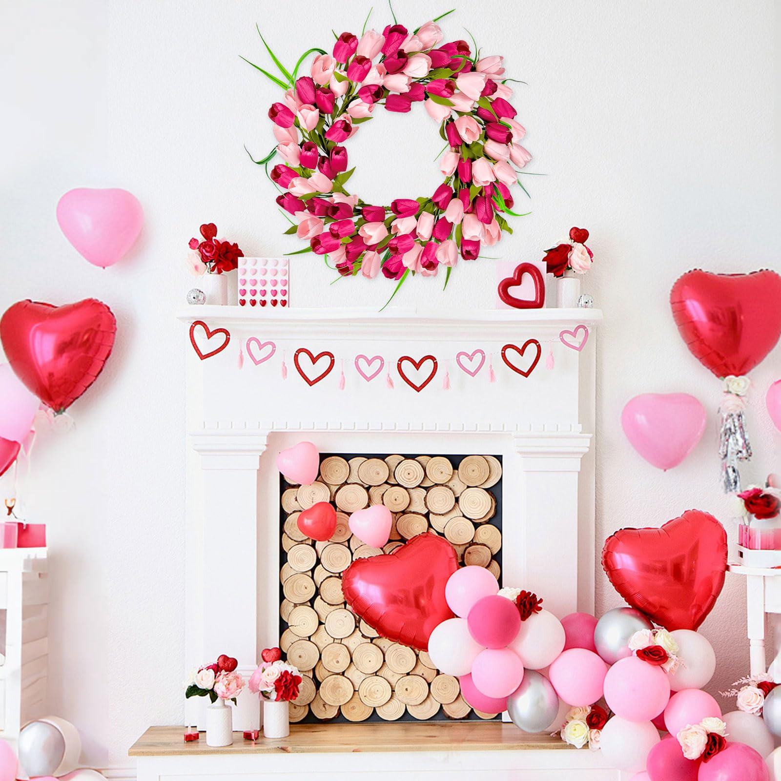 Valentines Day Wreath, 20inch Tulip Wreath,Valentines Day Wreaths for Front Door with Red Pink Tu... | Amazon (US)