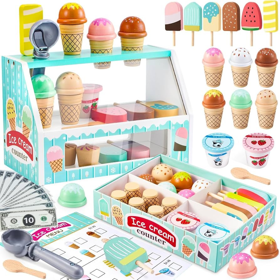 WHOHOLL Wooden Ice Cream Counter Playset for Toddler Girl Toys, Play Store Pretend Toy Food Play ... | Amazon (US)
