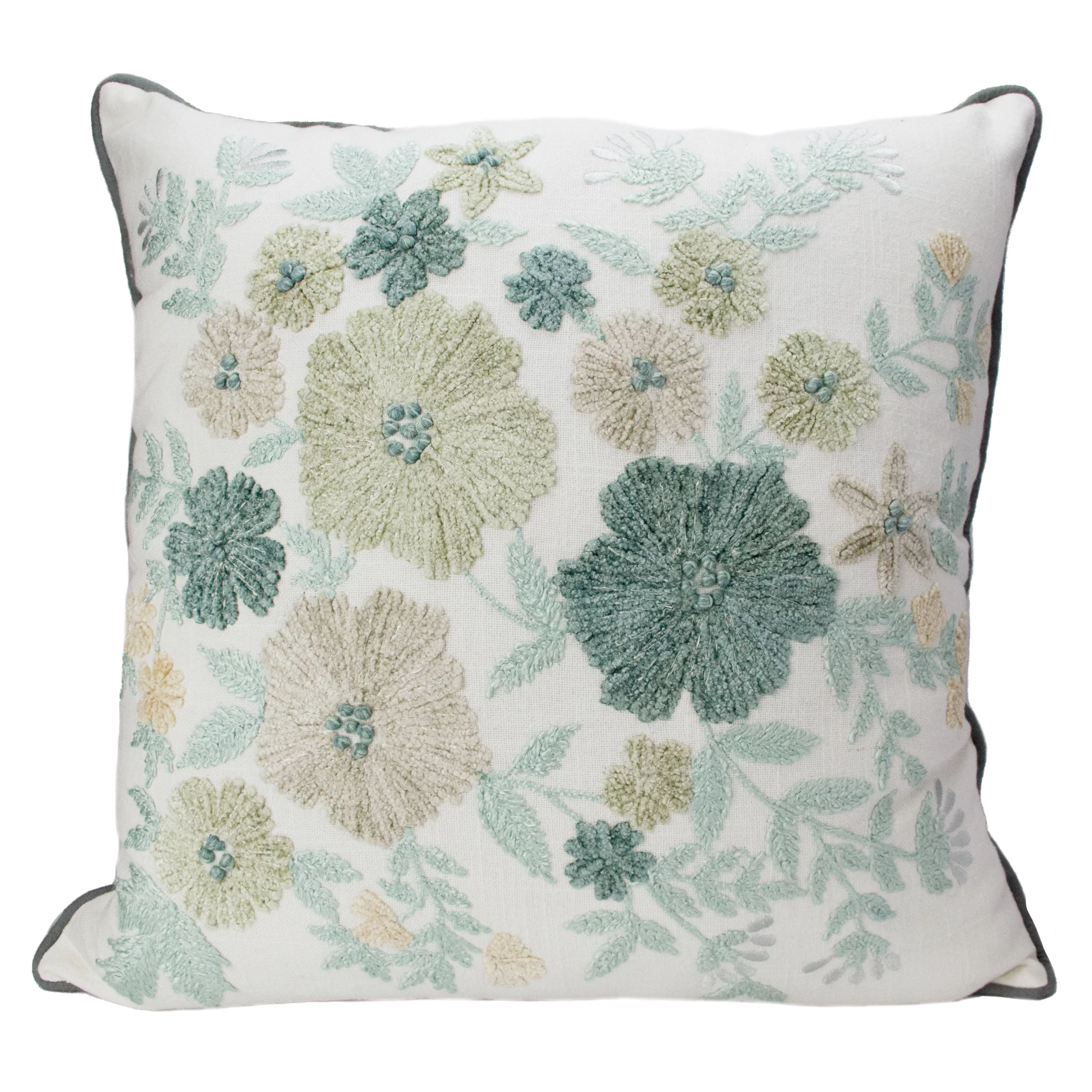 Style House Cotton Embroidered Floral Square Decorative Pillow 20" x 20", Blue | Walmart (US)