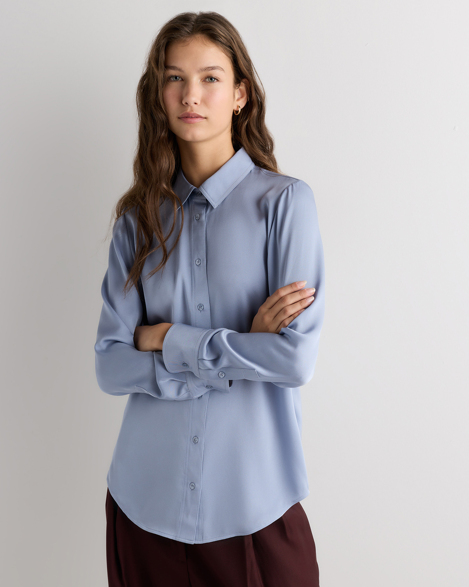 Quince | Women's Washable Stretch Silk Blouse in Horizon Blue, Size Small | Quince