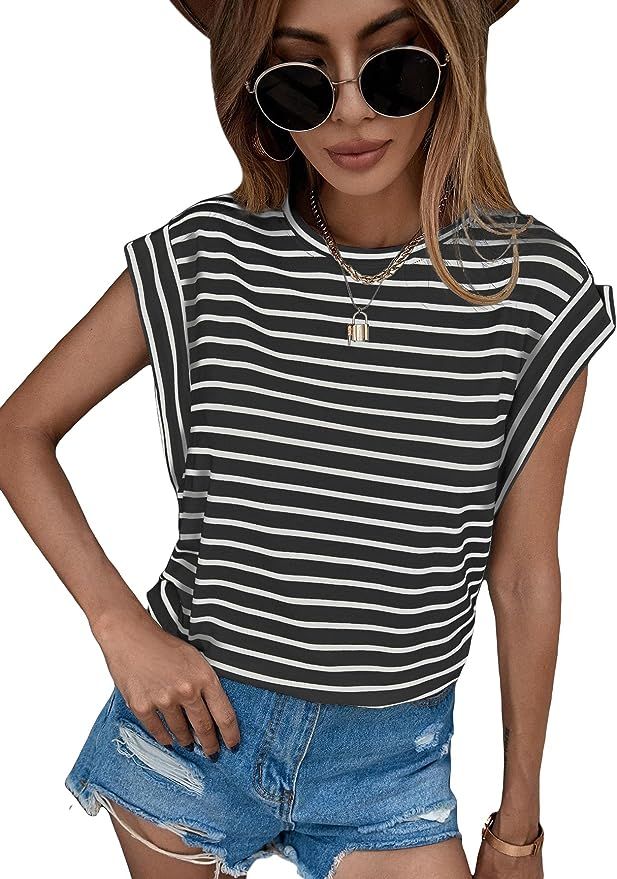 Floerns Women's Casual Stripe Print Short Sleeve T Shirts Round Neck Tee Black and White S | Amazon (US)