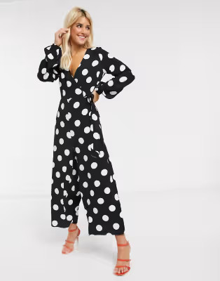 ASOS DESIGN wrap tie jumpsuit in mono polka dot | ASOS (Global)
