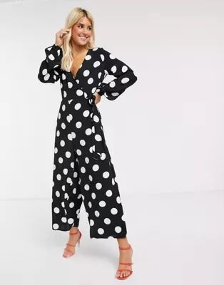 ASOS DESIGN wrap tie jumpsuit in mono polka dot | ASOS (Global)