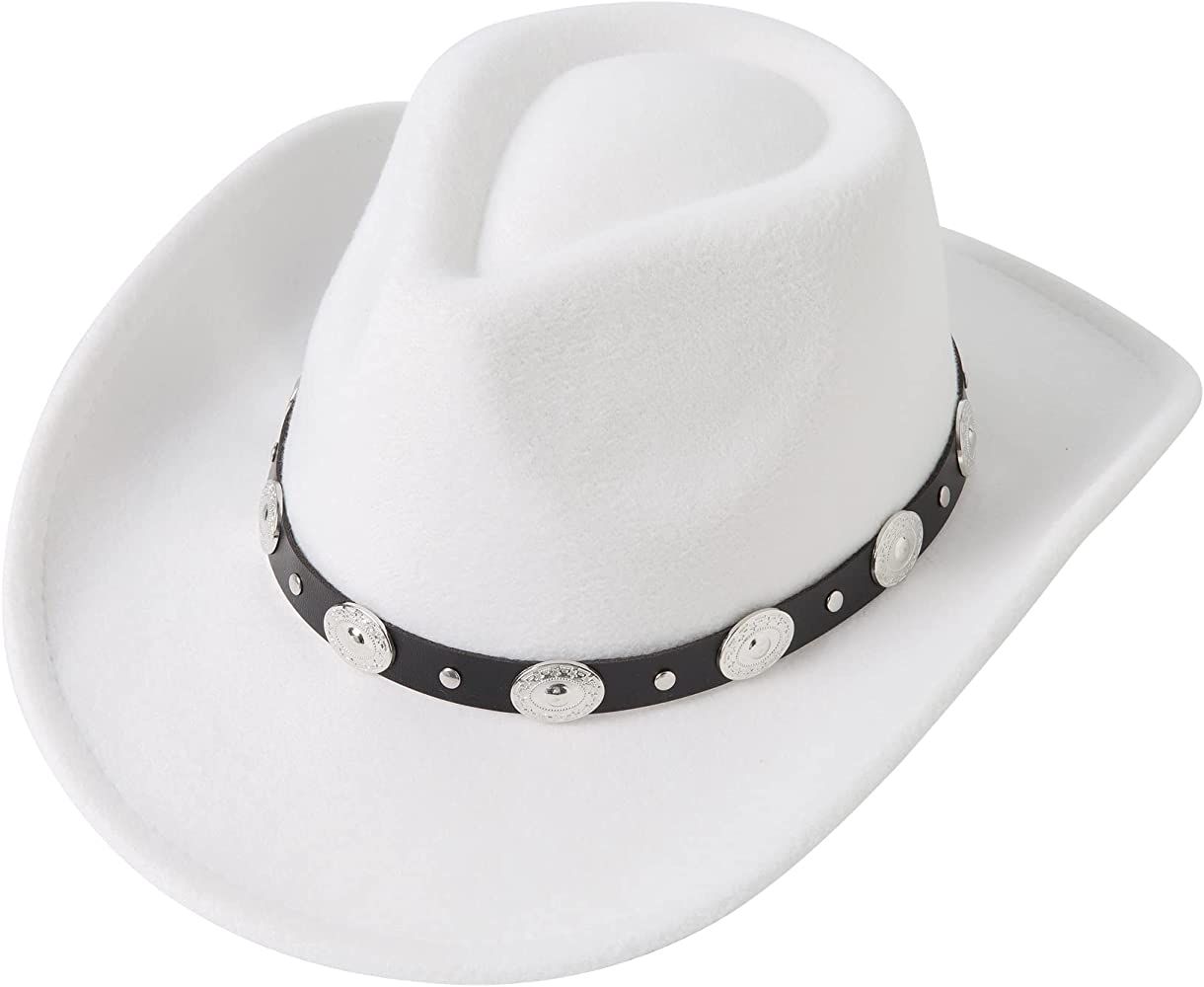 Lanzom Women Men Felt Wide Brim Western Cowboy Hats Belt Buckle Panama Hat | Amazon (US)