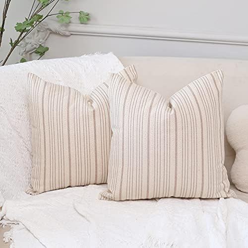 Hckot Modern Boho Farmhouse Throw Pillow Covers 20 x 20 Inch Set of 2 Stripe Textured Linen Khaki an | Amazon (US)