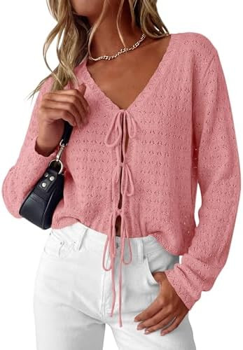 PRETTYGARDEN Crochet Cardigan Sweaters for Women Trendy Spring Summer Long Sleeve Tie Front Tops ... | Amazon (US)
