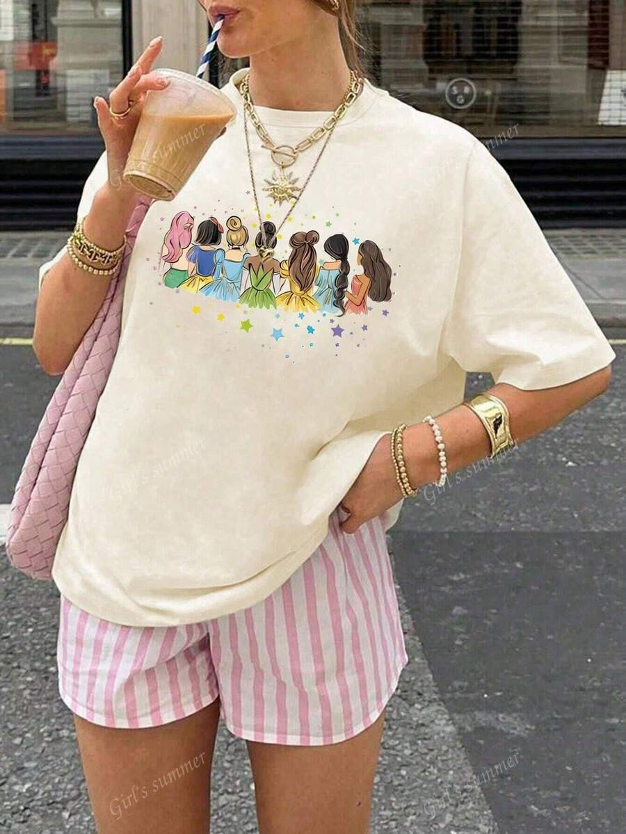 Disney Women's Summer Summer Cartoon Pattern Printed Women's Short Sleeve Ladies Casual T-Shirt, ... | SHEIN