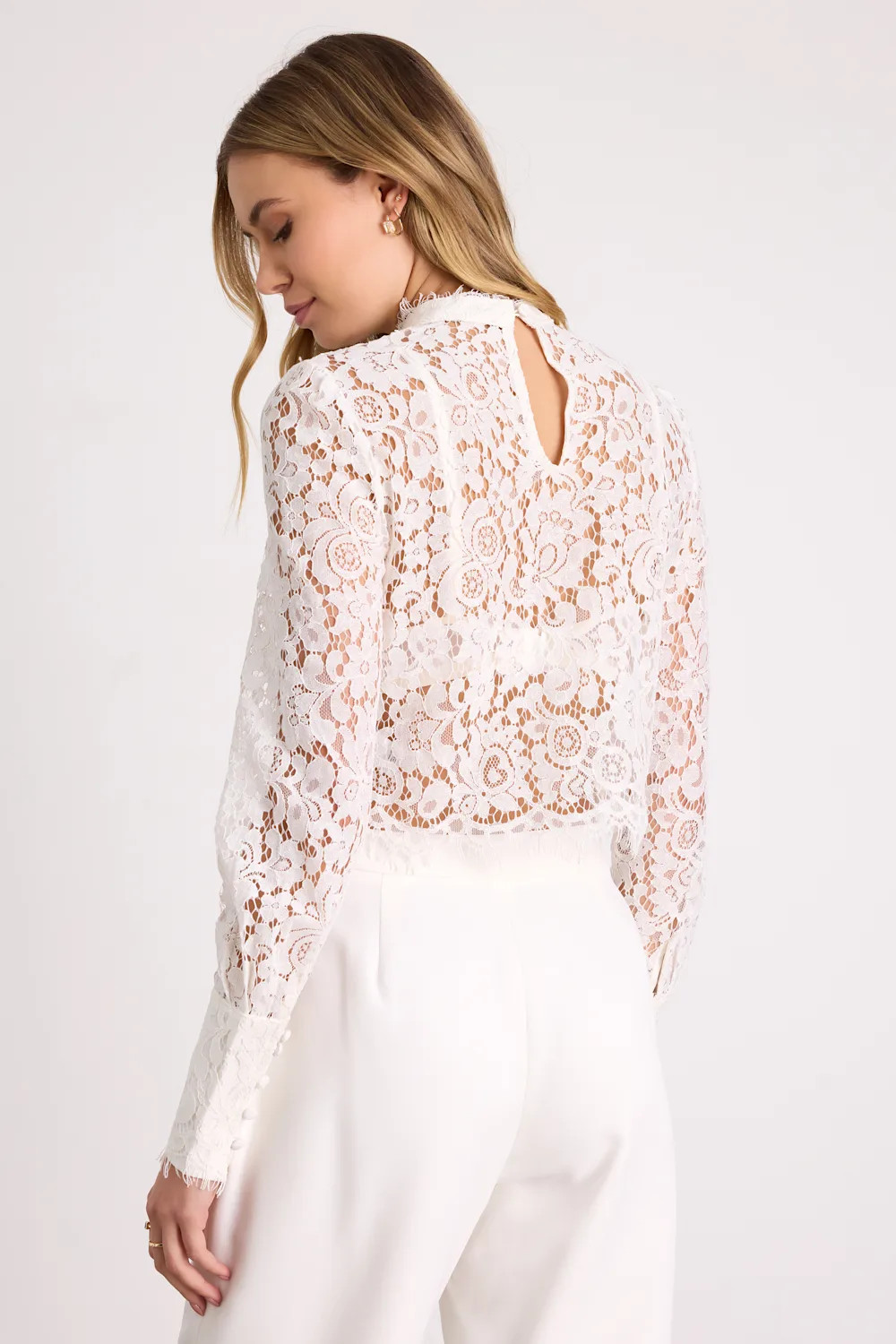 Celita Ivory Sheer Eyelash Lace Long Sleeve Crop Top | Lulus