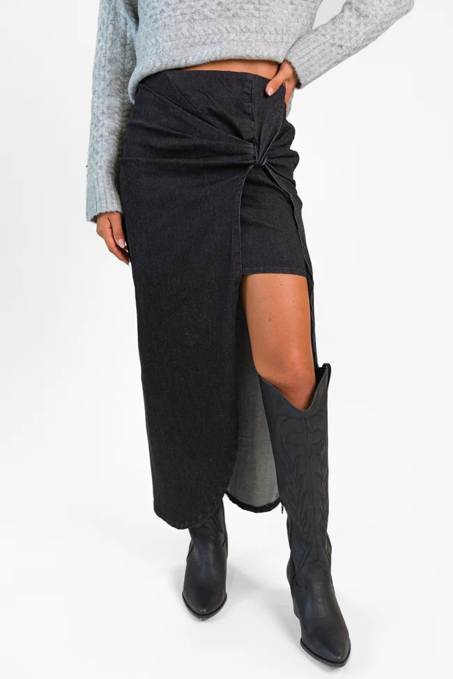 Unexpected Turn Black Denim Twist Front Midi Skirt SALE | Pink Lily