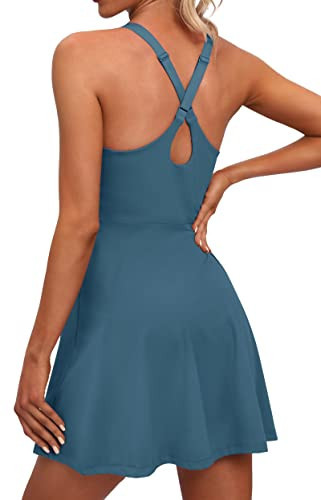 IUGA Womens Tennis Dress Built in Shorts & Bra Adjustable Straps Exercise Workout Dress with Pockets Golf Athletic Dresses Sea Blue | Amazon (US)