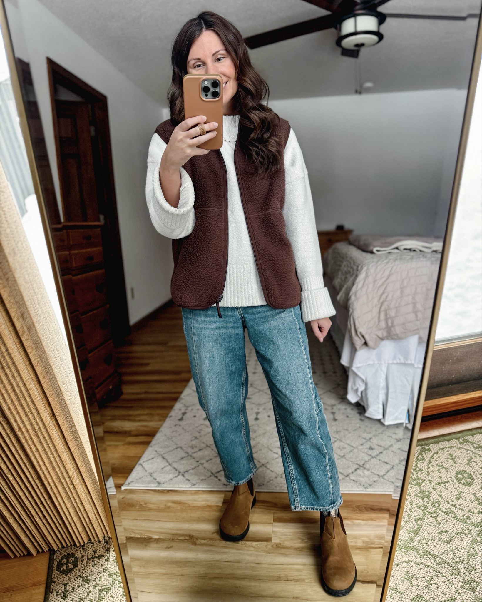 Wearing small in my sweater, xs in my sherpa vest, 0 petite in my barrel jeans (medium wash), and 6.5 in my boots (saddle brown/crazy horse color)🤎

#LTKPetite #LTKSeasonal #LTKootd
