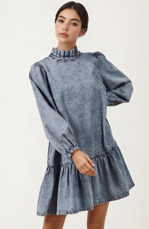 Knit and Lounge Pleated Mock Neck Long Sleeve Ruffle Hem Denim Dress in Blue at Nordstrom, Size Small | Nordstrom