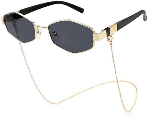 Trendy Hexagon Sunglasses For Women Retro Designer Metal Classic Shades Sun Glasses with Chain | Amazon (US)
