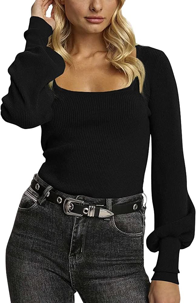 Imily Bela Womens Square Neck Long Sleeve Sweaters Casual Ribbed Knit Fitted Pullover Tops | Amazon (US)