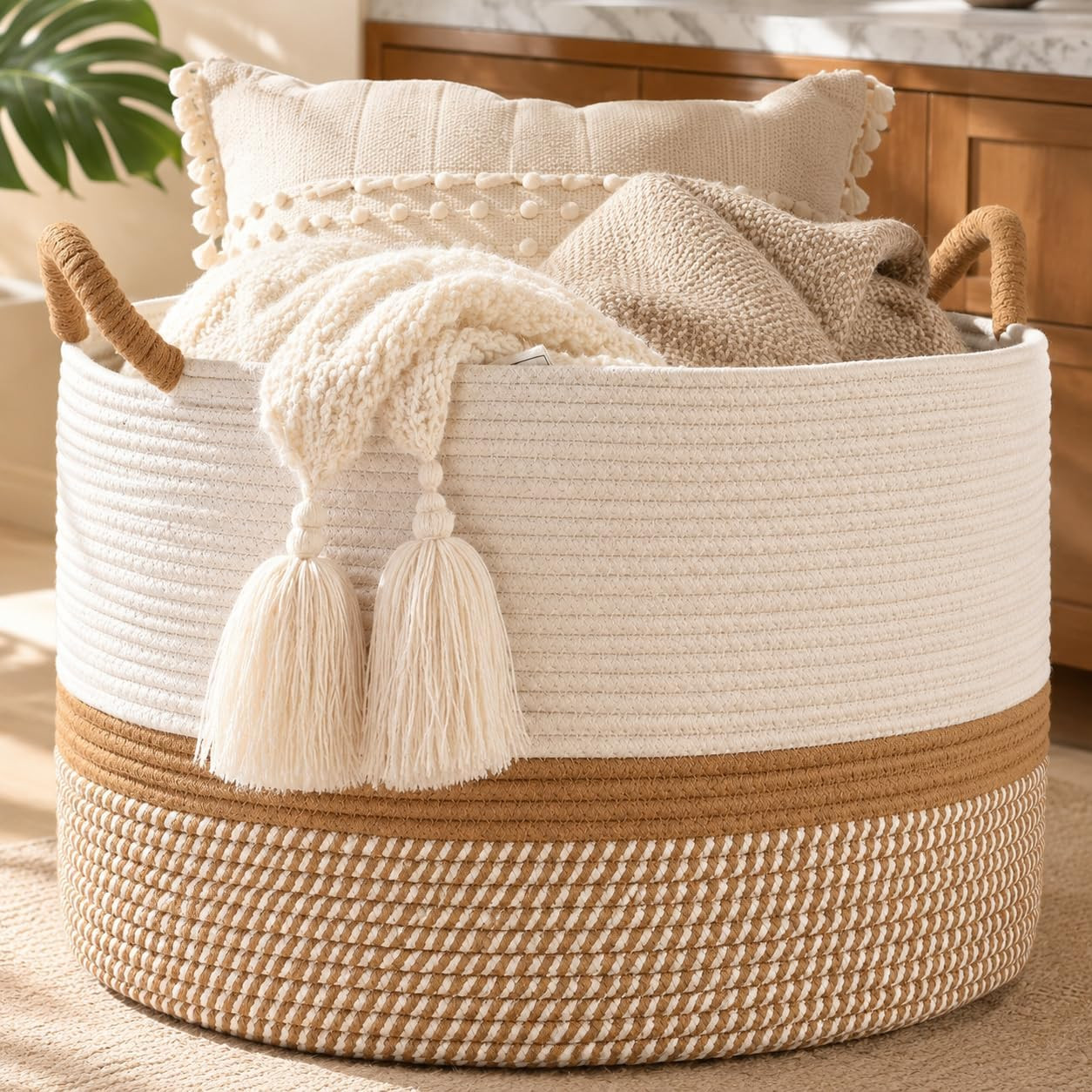 KAKAMAY Large Blanket Basket with Handles, Storage Basket for Living Room | Amazon (US)