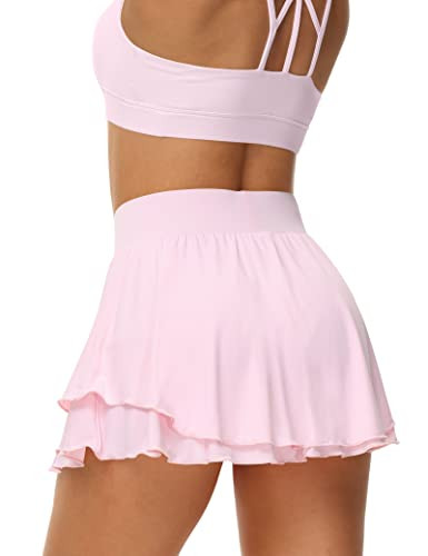 UrKeuf Women's Athletic Tennis Skirts with Pockets 13in Ruffle Golf Running Workout Ice Silk Flowy Skorts with Sports Shorts Light Pink | Amazon (US)