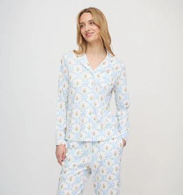Roller Rabbit x Hill House Long Sleeve Polo Pajamas - Blue Floral Monkey Trellis Blue Floral Monkey Trellis / XXL | Hill House Home US